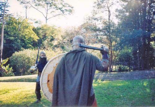 Conan Stevens sword fighting with Society for Creative Anachronism (SCA)